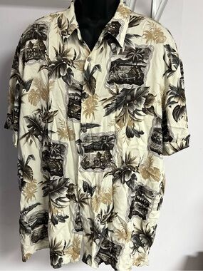 Mens Island Shores Hawaiian Button Down Palm Tree/House All Over print -2XL